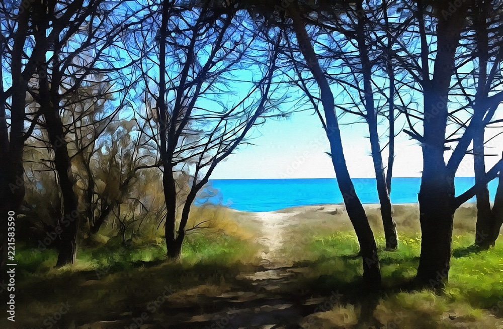 Oil painting. Art print for wall decor. Acrylic artwork. Big size poster. Watercolor drawing. Modern style fine art. Painting for sale. Beautiful beach landscape. Azure water. Trees without leaves. Oil painting. Art print for wall decor. Acrylic artwork. Big size poster. Watercolor drawing. Modern style fine art. Painting for sale. Beautiful beach landscape. Azure water. Trees without leaves.