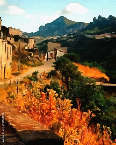 Oil painting. Art print for wall decor. Acrylic artwork. Big size poster. Watercolor drawing. Modern style fine art. Painting for sale.Beautiful mountain autumn landscape. Charming view. Blue sky. 