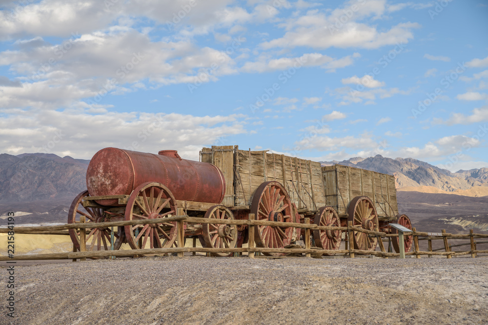 Remains of  Twenty-mule-team wagons used to transport material from the Borax mine works in Death Valley, California.