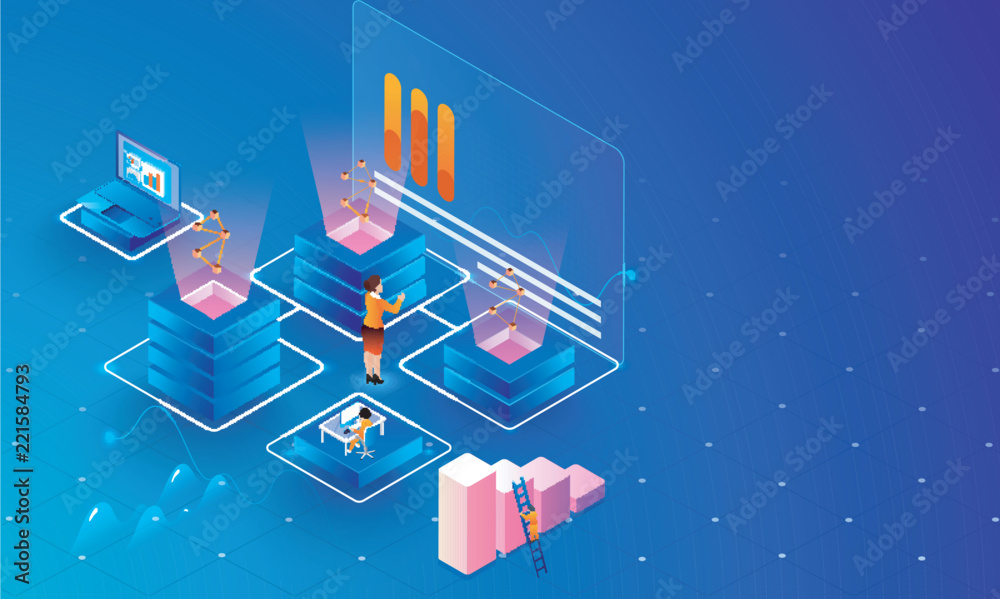 Big Data Analysis concept, business woman maintain data servers or analysis stats on shiny blue background, isometric design for web template. - obrazy, fototapety, plakaty 