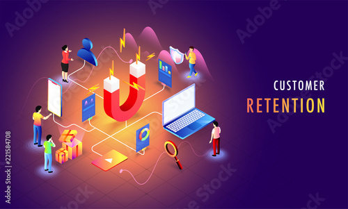 Customer Retention or loyalty, isometric concept, magnet as service provider, attract the buyers through providing web services.