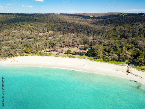 Aerial photo of Meelup Beach with clear turquoise water near Dunsborough in the South West region of Western Australia, Australia.