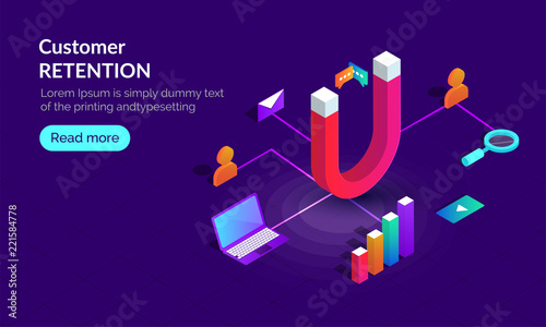 Responsive landing page design for Customer Retention concept with isometric illustration of magnet connected with business or marketing equipments on blue background.