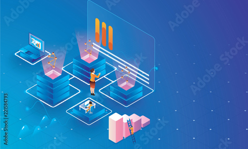 Big Data Analysis concept, business woman maintain data servers or analysis stats on shiny blue background, isometric design for web template. photo