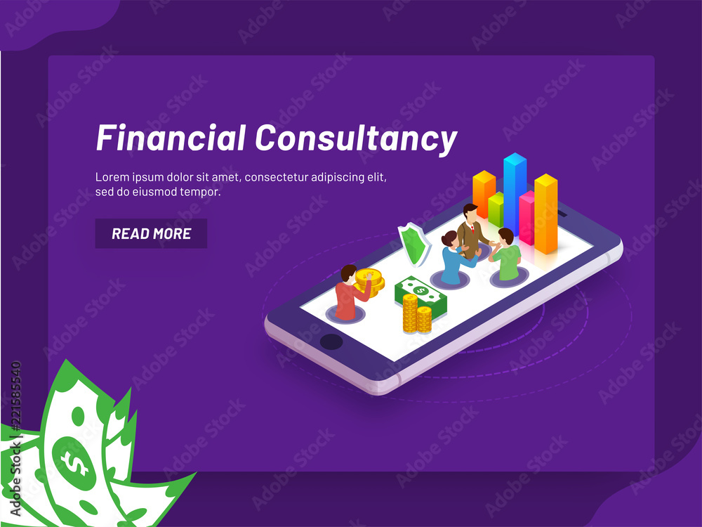Obraz premium Financial Consultancy concept based landing page design, isometric smartphone with financial consultant advise to business people with bar graph on purple background.