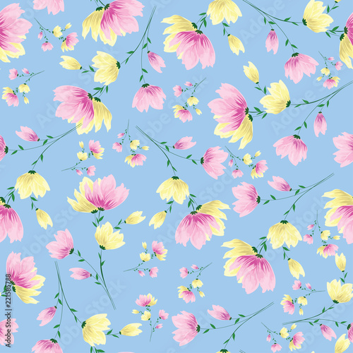 Yellow and pink flowers decorated seamless pattern background. © Abdul Qaiyoom