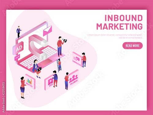 Inbound Marketing based isometric design of magnet in laptop, different advertising ways to attract customer or user. Responsive landing page.