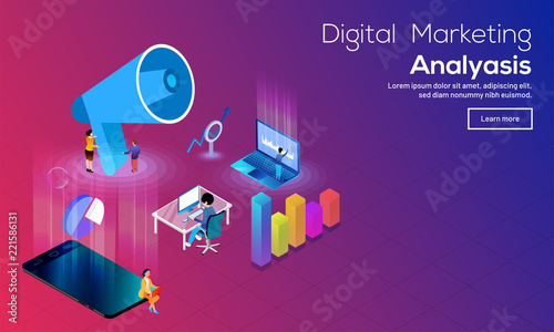 Isometric megaphone with smartphone, analysts analysis data on laptop with infographic element for Digital Marketing Analysis concept.