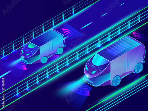Futuristic technology of autonomous vehicle, automotive bus on urban landscape background.