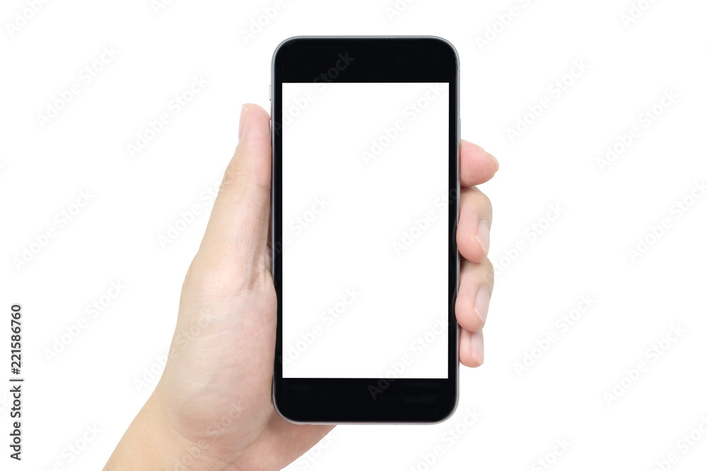 Hand holding smartphone with blank screen isolated on white background. Clipping path embedded.