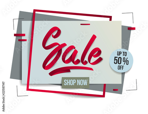 Sale flyer template with lettering, poster, card, banner, advertising design, moderate colors vector modern style cartoon paper cut 3d illustration.