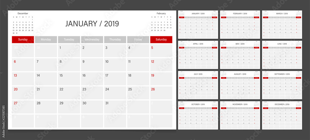 2019 calendar planner set week start Sunday corporate design template vector. - obrazy, fototapety, plakaty 