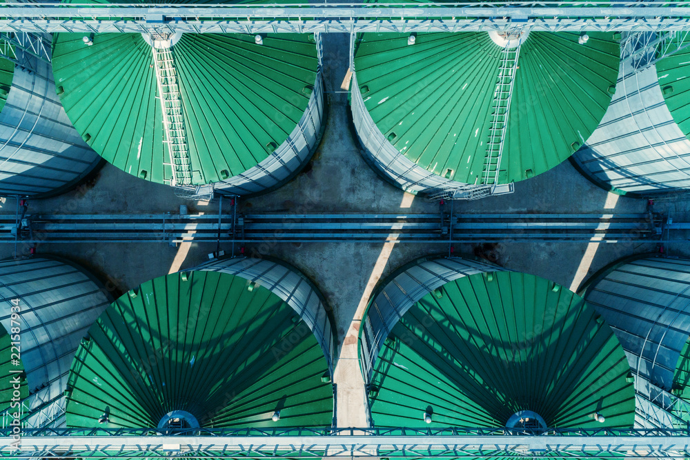 A modern granary. View of grain silos from above - obrazy, fototapety, plakaty 