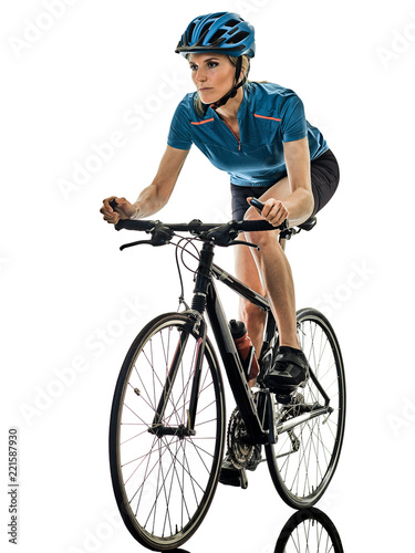 one caucasian cyclist woman cycling riding bicycle isolated on white background
