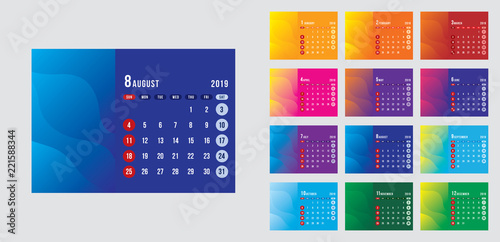 Vector design template of calendar for 2019 year. colourful backgrounds