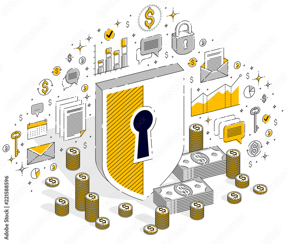 Protection of finances concept, Life Buoy and Shield with cash money dollar stack isolated on white background. Isometric 3d vector finance illustration with icons, stats charts and design elements. Protection of finances concept, Life Buoy and Shield with cash money dollar stack isolated on white background. Isometric 3d vector finance illustration with icons, stats charts and design elements.