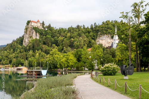 Walkway on Lake Bled, the most beautiful place to spend holidays in Slovenia and Julian Alps. 