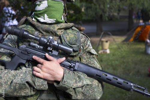 real modern soldier of russian army in the uniform with weapon