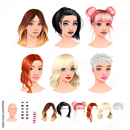 Avatars. 6 hairstyles, 6 make-up, 6 mouths, 1 head.