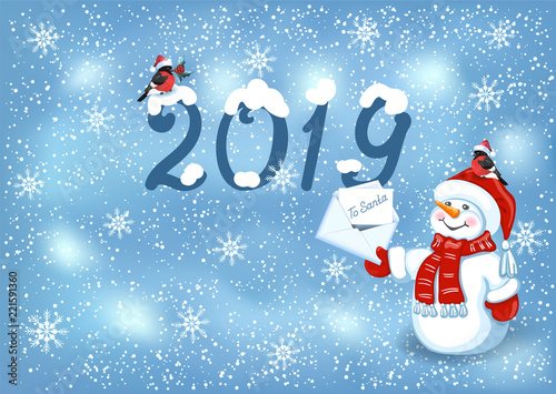 Christmas card with Snowman in Santa cap with Christmas letter for Santa Claus, bullfinches and inscription 2019