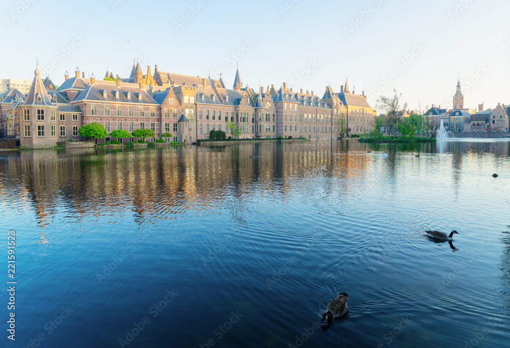 facade of Binnenhof - Dutch Parliament with reflections in pond, The Hague, Holland