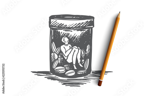 Painkiller, addiction, drugs, disease concept. Hand drawn isolated vector.