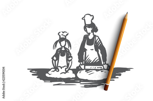 Mother, daughter, cooking, parenting concept. Hand drawn isolated vector.