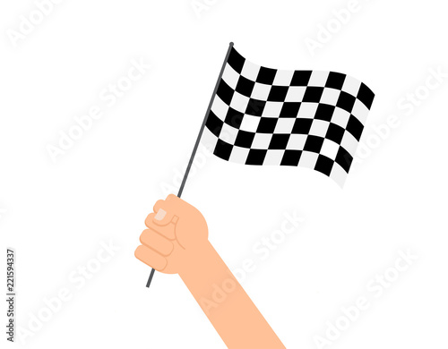 Vector illustration hands holding checkered flag on white background