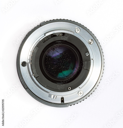 Camera lens cementation separation. Schneideritis defect. Photography old vintage lenses issues. Isolated on white background.