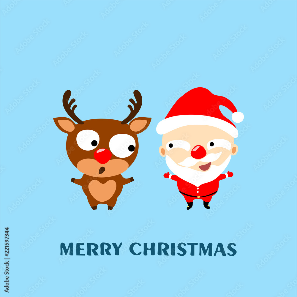 Merry Christmas! Cartoon reindeer Rudolph and Santa Claus. Greeting card 2019,  vector illustration