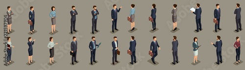 Isometric People businessmen, businessman and business woman, people in business suits during work, front view rear view isolated on a dark background. Vector illustration