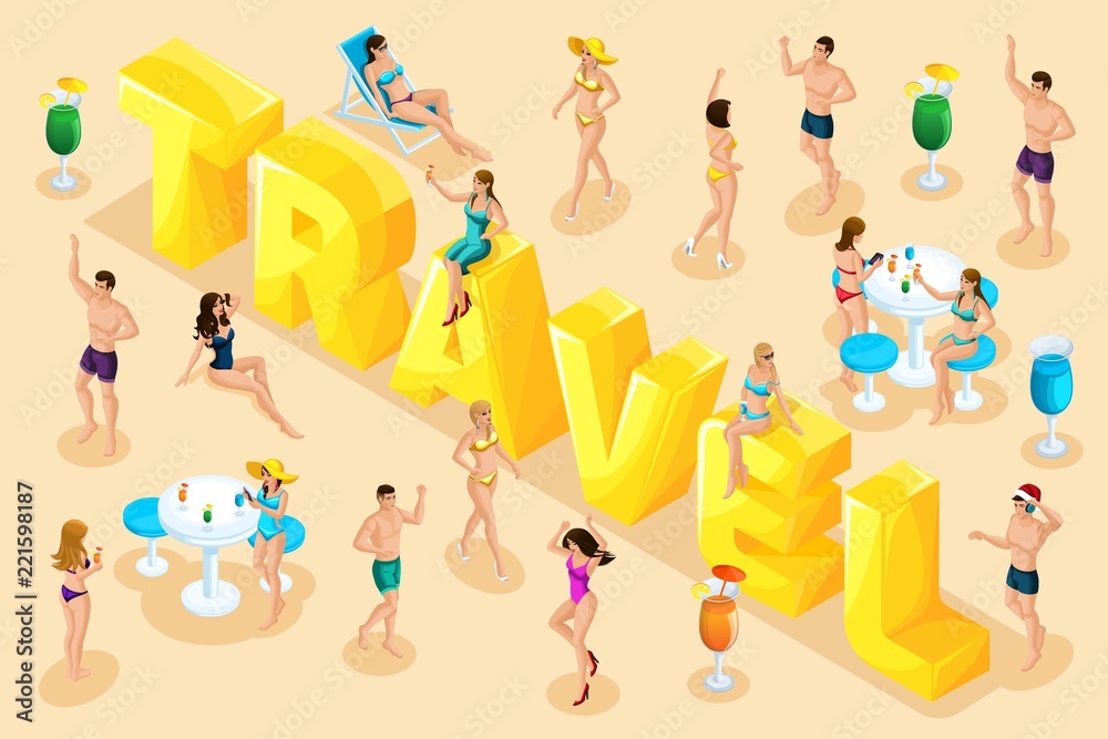 Isometrics trip, rest, people in summer, girls in bathing suits, men in swimming trunks, sand, sea, beach, big letters, inscription font set5 Isometrics trip, rest, people in summer, girls in bathing suits, men in swimming trunks, sand, sea, beach, big letters, inscription font set5