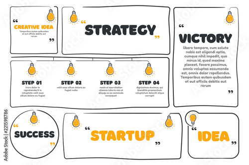 Collection of quote with hand drawn sketch bulb. Vector creative idea concept