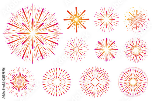 Set of festive colored fireworks isolated on white background