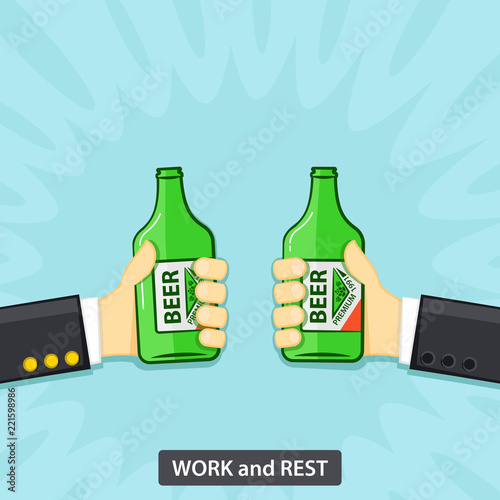 Two hands holding the beer bottle. Work and rest concept. Vector illustration