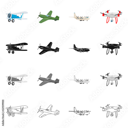 Vector design of plane and transport icon. Set of plane and sky vector icon for stock.