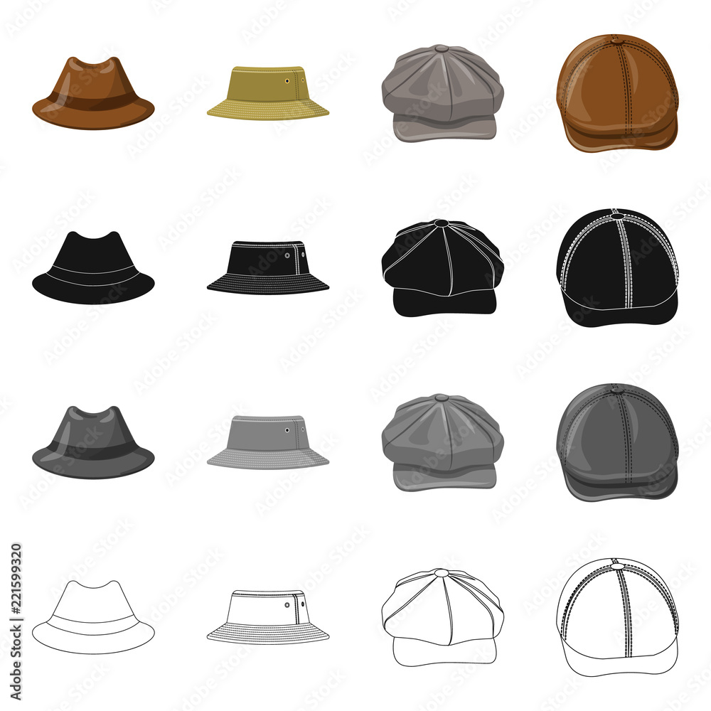 Vector design of headwear and cap logo. Set of headwear and accessory stock vector illustration. Vector design of headwear and cap logo. Set of headwear and accessory stock vector illustration.
