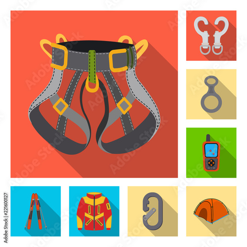 Vector illustration of alpinism and peak symbol. Set of alpinism and camp stock symbol for web.