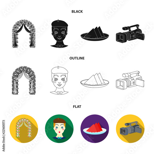 The arch is decorated with roses and silk, a clown in a cap, a plate with red napkins, a video camera. Event services set collection icons in cartoon style vector symbol stock illustration web.