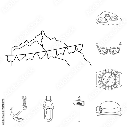 Vector design of alpinism and peak symbol. Collection of alpinism and camp stock vector illustration.