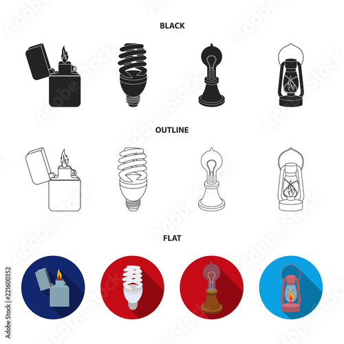 Lighter, economical light bulb, edison lamp, kerosene lamp.Light source set collection icons in cartoon style vector symbol stock illustration web.