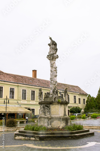 Plague Colum in a front of Sacred Heart Church in Kőszeg, Jézus Szíve-plébániatemplom, Plague Column. Hungary. © MindestensM