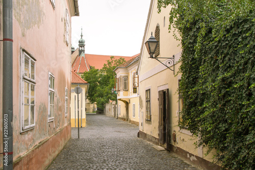 Koszeg street view. Small cosy street, old city in a historic medival town. HUNGARY, WESTERN TRANSDANUBIA. Europe old architecture. Cobbled street