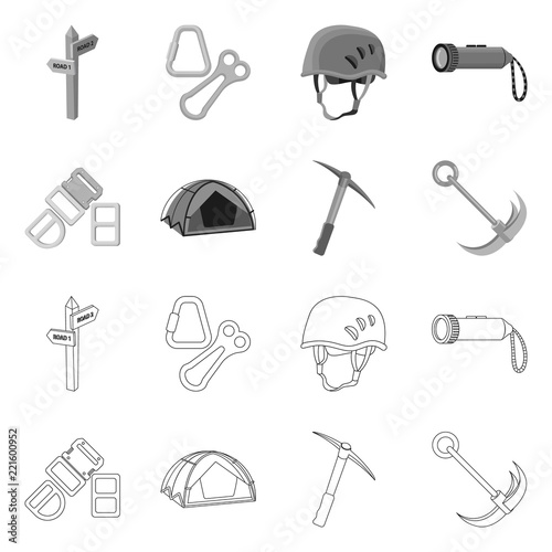 Vector illustration of alpinism and peak sign. Set of alpinism and camp stock vector illustration.