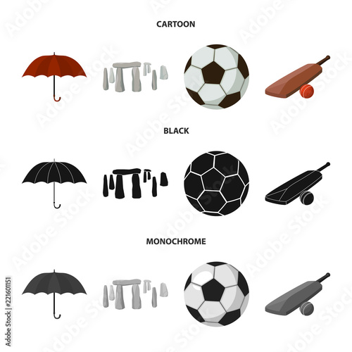 Umbrella, stone, ball, cricket .England country set collection icons in cartoon,black,monochrome style vector symbol stock illustration web.