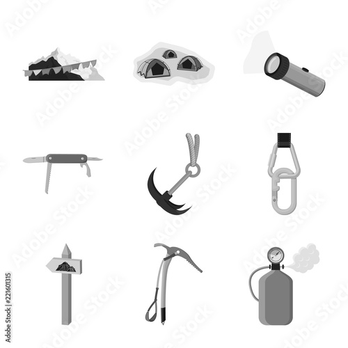 Vector design of alpinism and peak logo. Set of alpinism and camp stock vector illustration.