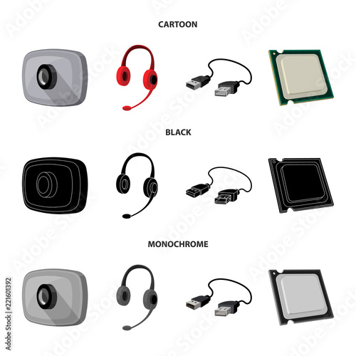 Webcam, headphones, USB cable, processor. Personal computer set collection icons in cartoon,black,monochrome style vector symbol stock illustration web.