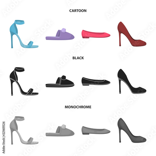 Blue high-heeled sandals, homemade lilac slippers with a pampon, pink women's ballet flats, brown high-heeled shoes. Shoes set collection icons in cartoon,black,monochrome style vector symbol stock