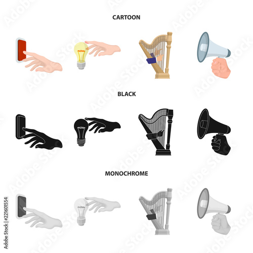 Electric switch button, incandescent lamp and other web icon in cartoon,black,monochrome style. harp playing, Megaphone in hand icons in set collection.
