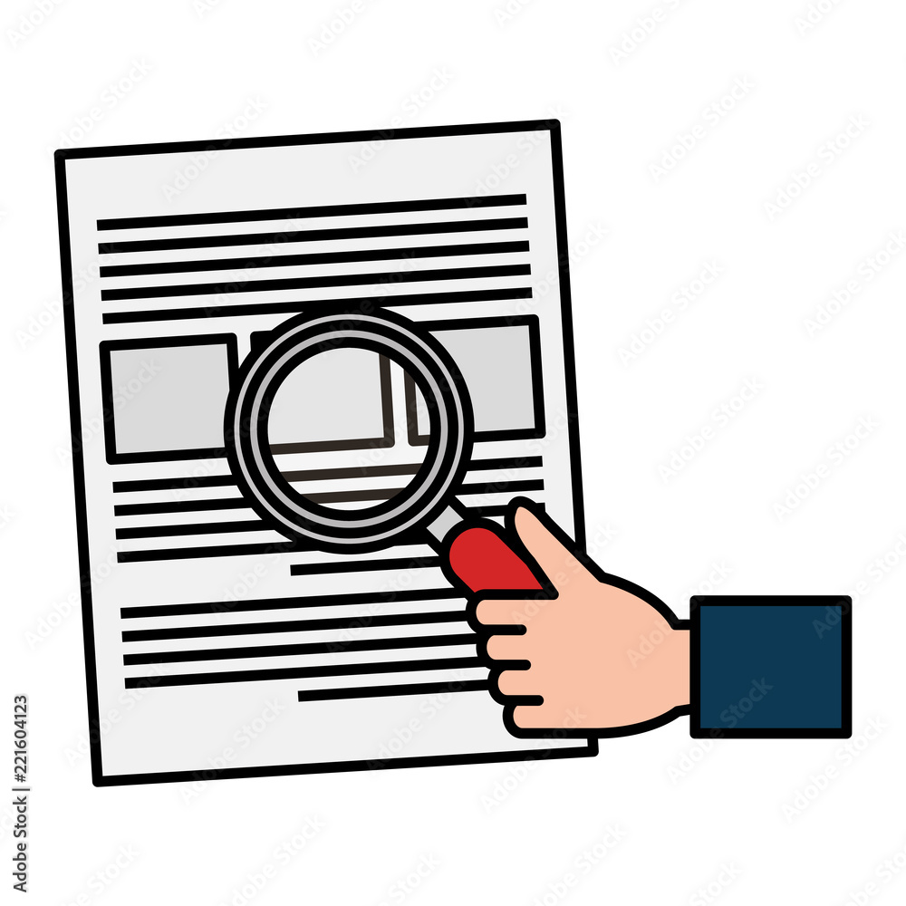 hand with magnifying glass and documents hand with magnifying glass and documents